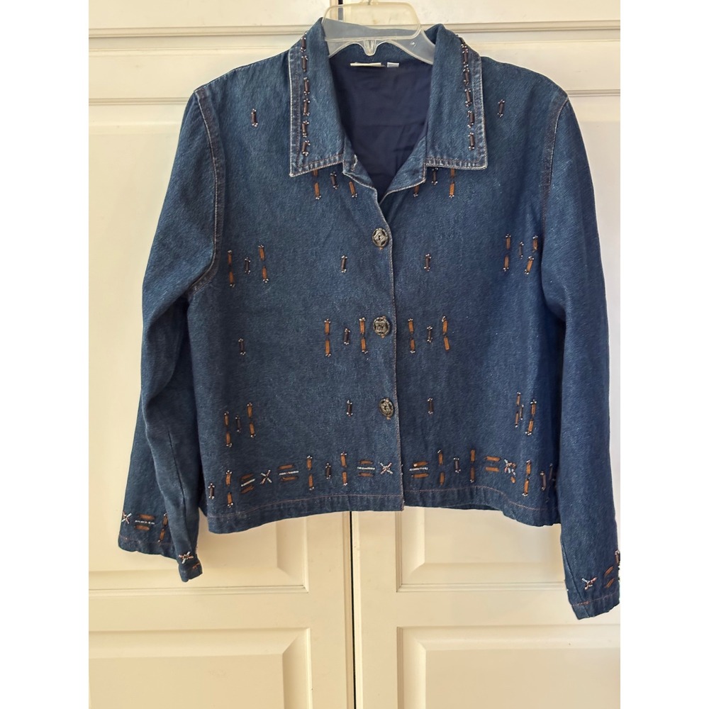 Parsley & Sage Women Large Denim Jacket Beaded Embroidered Boho Art to Wear crop